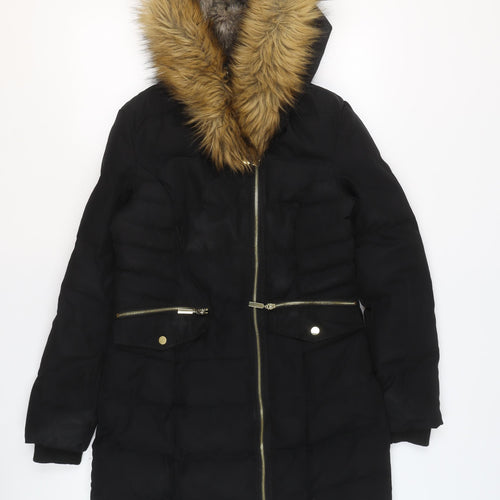Oasis Womens Black XS Long Puffer Coat Hooded Faux Fur Trim Winter Jacket