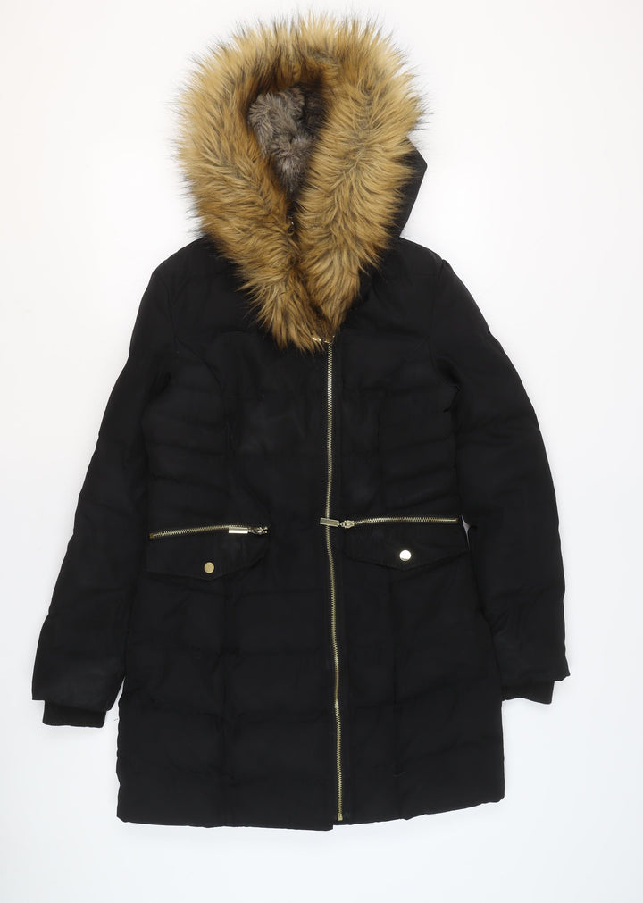 Oasis Womens Black XS Long Puffer Coat Hooded Faux Fur Trim Winter Jacket