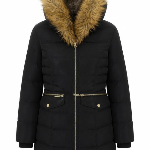 Oasis Womens Black XS Long Puffer Coat Hooded Faux Fur Trim Winter Jacket