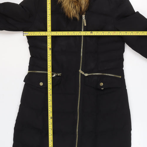 Oasis Womens Black XS Long Puffer Coat Hooded Faux Fur Trim Winter Jacket