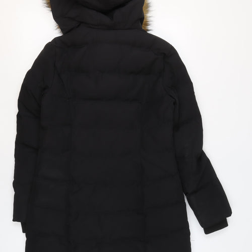 Oasis Womens Black XS Long Puffer Coat Hooded Faux Fur Trim Winter Jacket