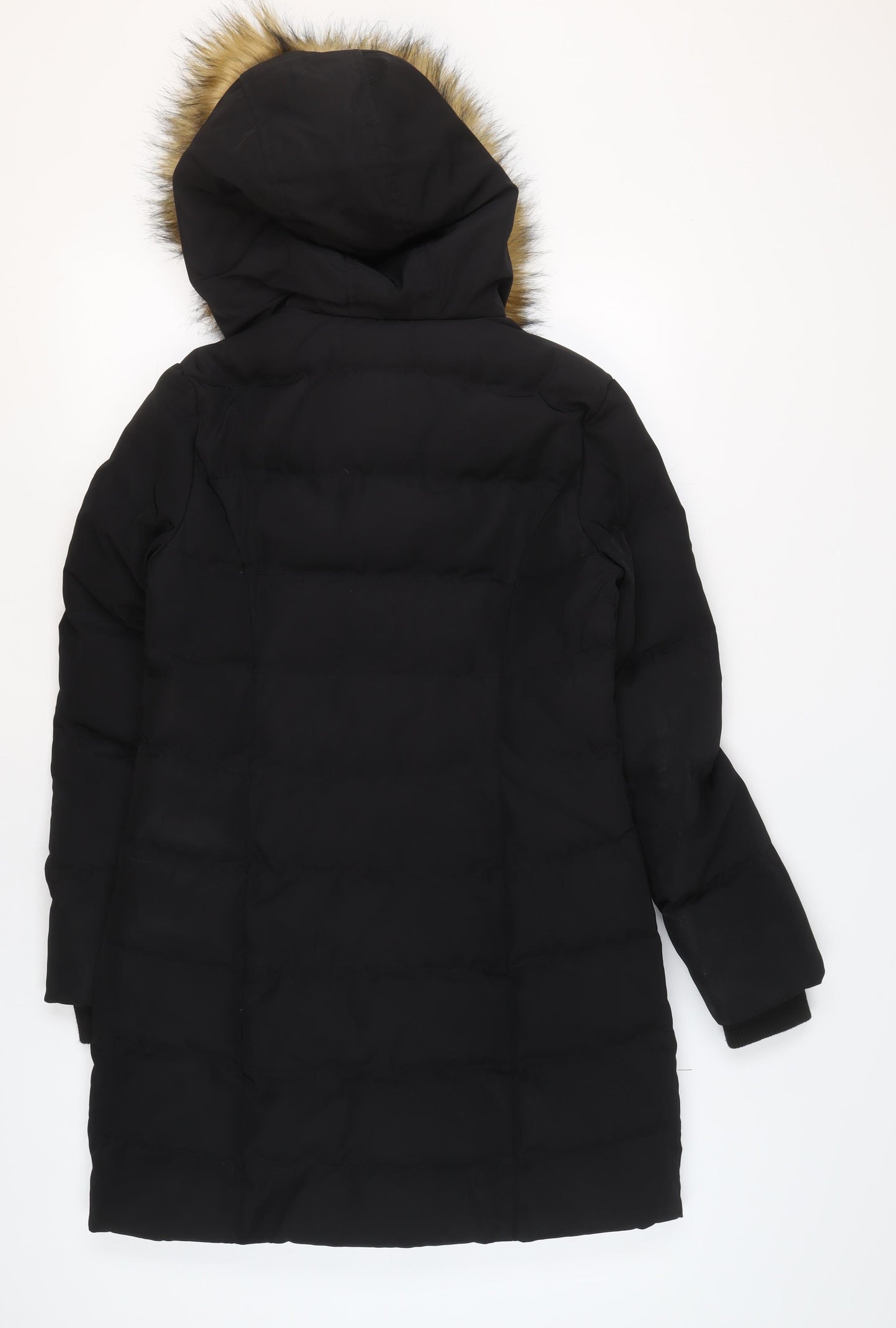 Oasis Womens Black XS Long Puffer Coat Hooded Faux Fur Trim Winter Jacket