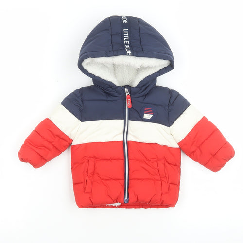 F&F Unisex Baby Navy Red Colourblock Puffer Jacket 0-3 Months Hooded Lined