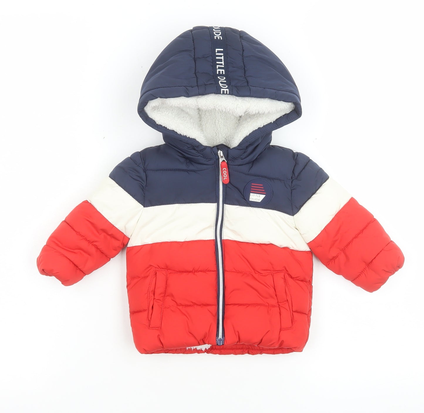 F&F Unisex Baby Navy Red Colourblock Puffer Jacket 0-3 Months Hooded Lined