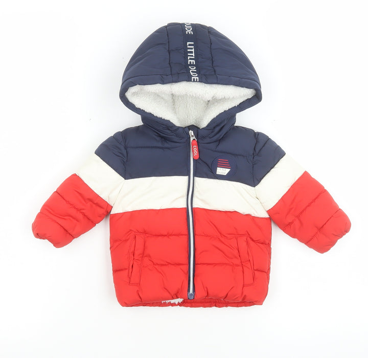 F&F Unisex Baby Navy Red Colourblock Puffer Jacket 0-3 Months Hooded Lined