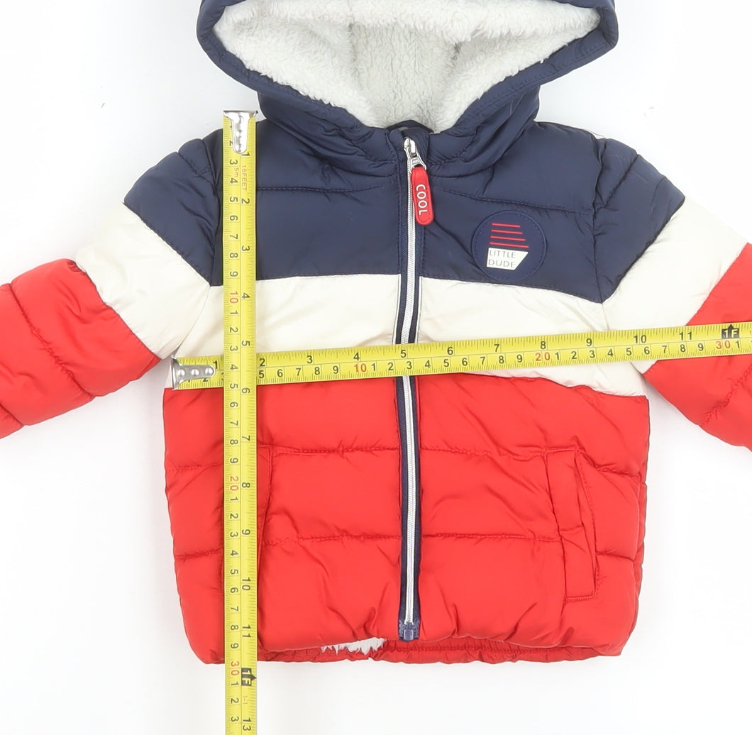 F&F Unisex Baby Navy Red Colourblock Puffer Jacket 0-3 Months Hooded Lined