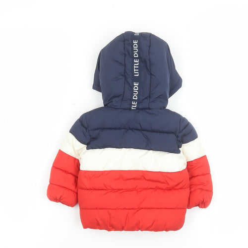 F&F Unisex Baby Navy Red Colourblock Puffer Jacket 0-3 Months Hooded Lined