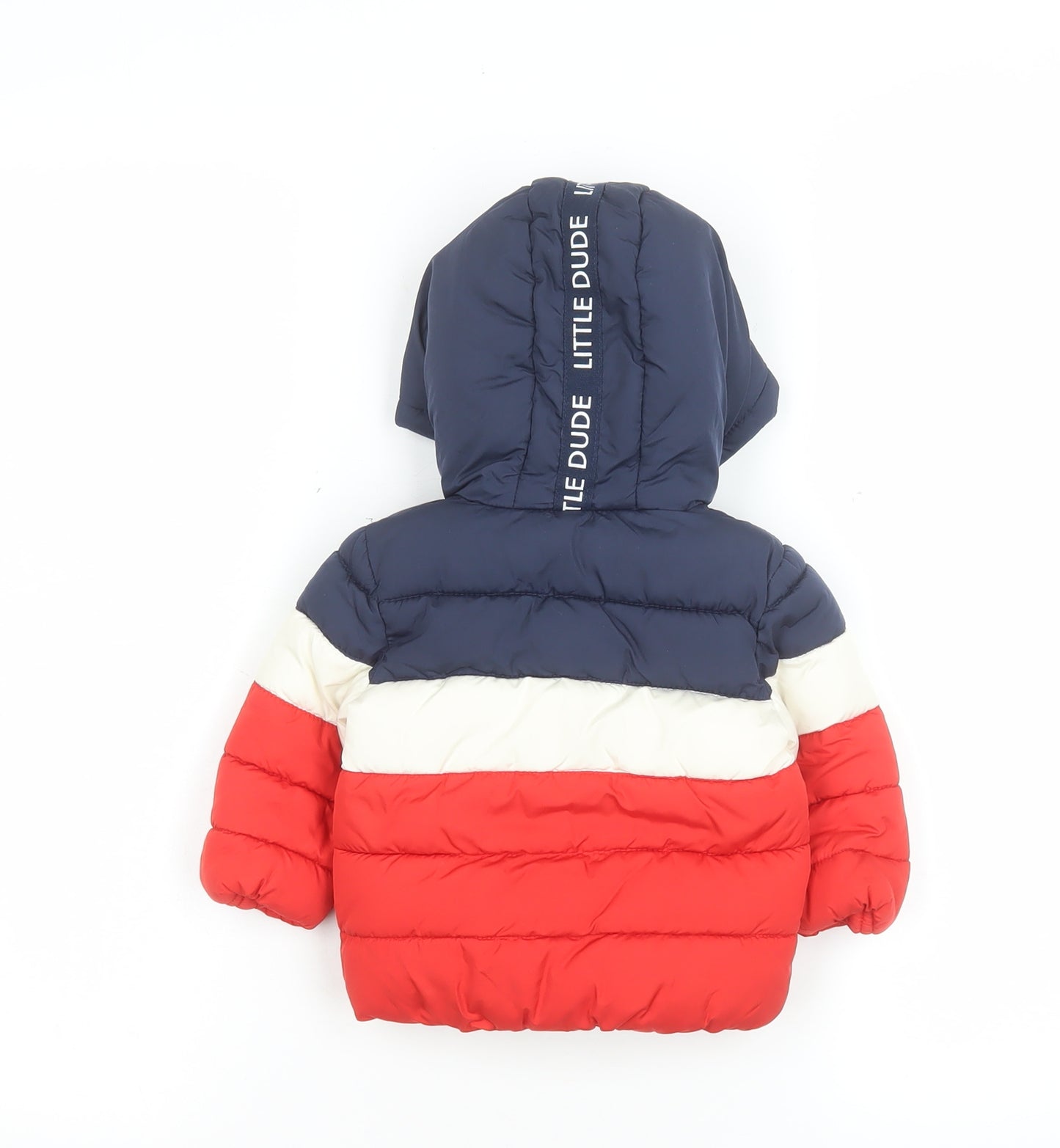 F&F Unisex Baby Navy Red Colourblock Puffer Jacket 0-3 Months Hooded Lined