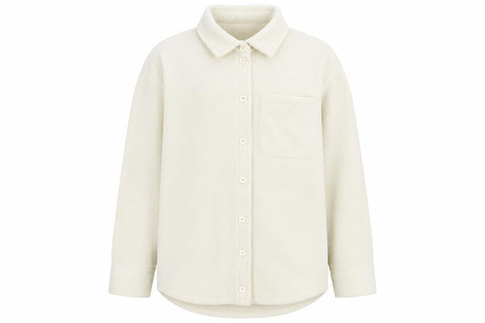 Front view of Urban Outfitters men’s ivory fleece button jacket, size M