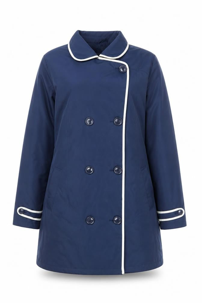 Front view of Julipa Women Blue Long Trench Coat, size 16, Button Front Classic Design