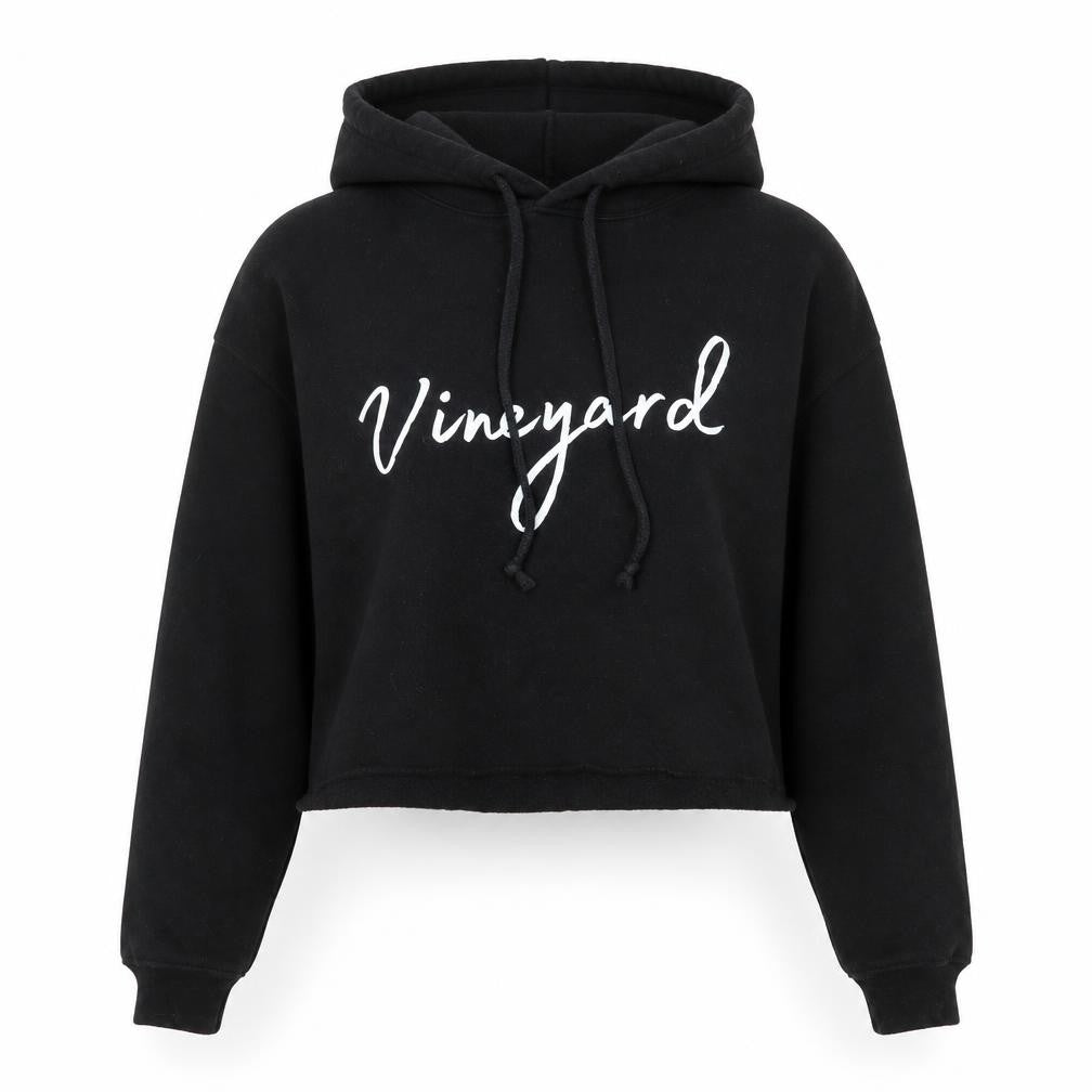 Front view of Bella + Canvas women’s black vineyard cropped hoodie, size S