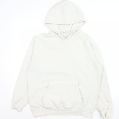Zara Women White L Pullover Hoodie Cotton Blend Casual