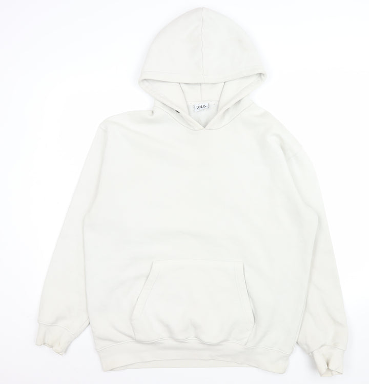 Zara Women White L Pullover Hoodie Cotton Blend Casual