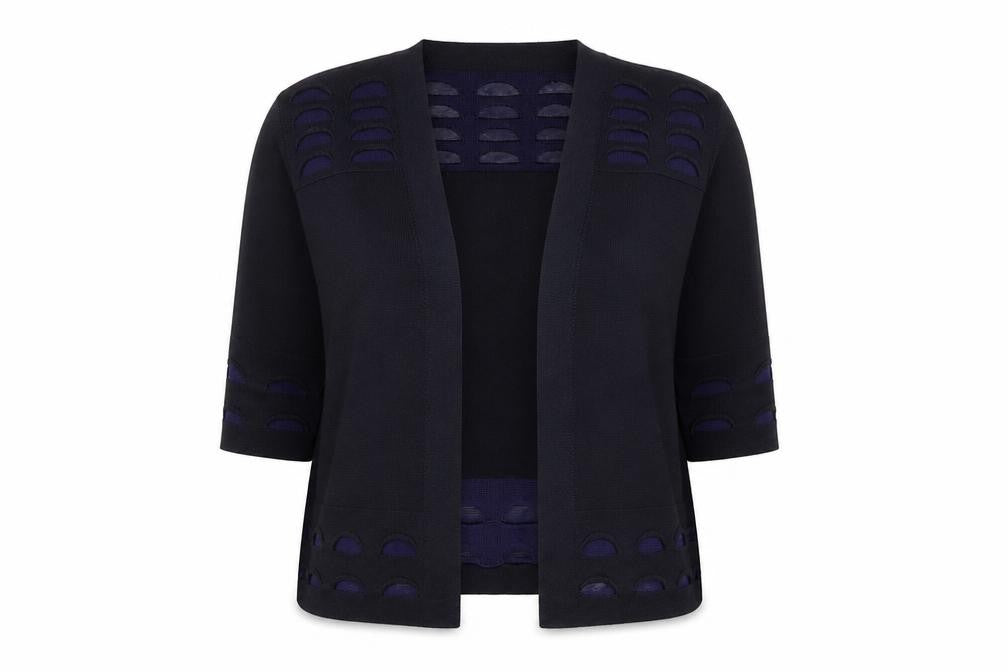 Front view of Marks & Spencer Per Una Women's Navy Knit Short Open Jacket, size 14