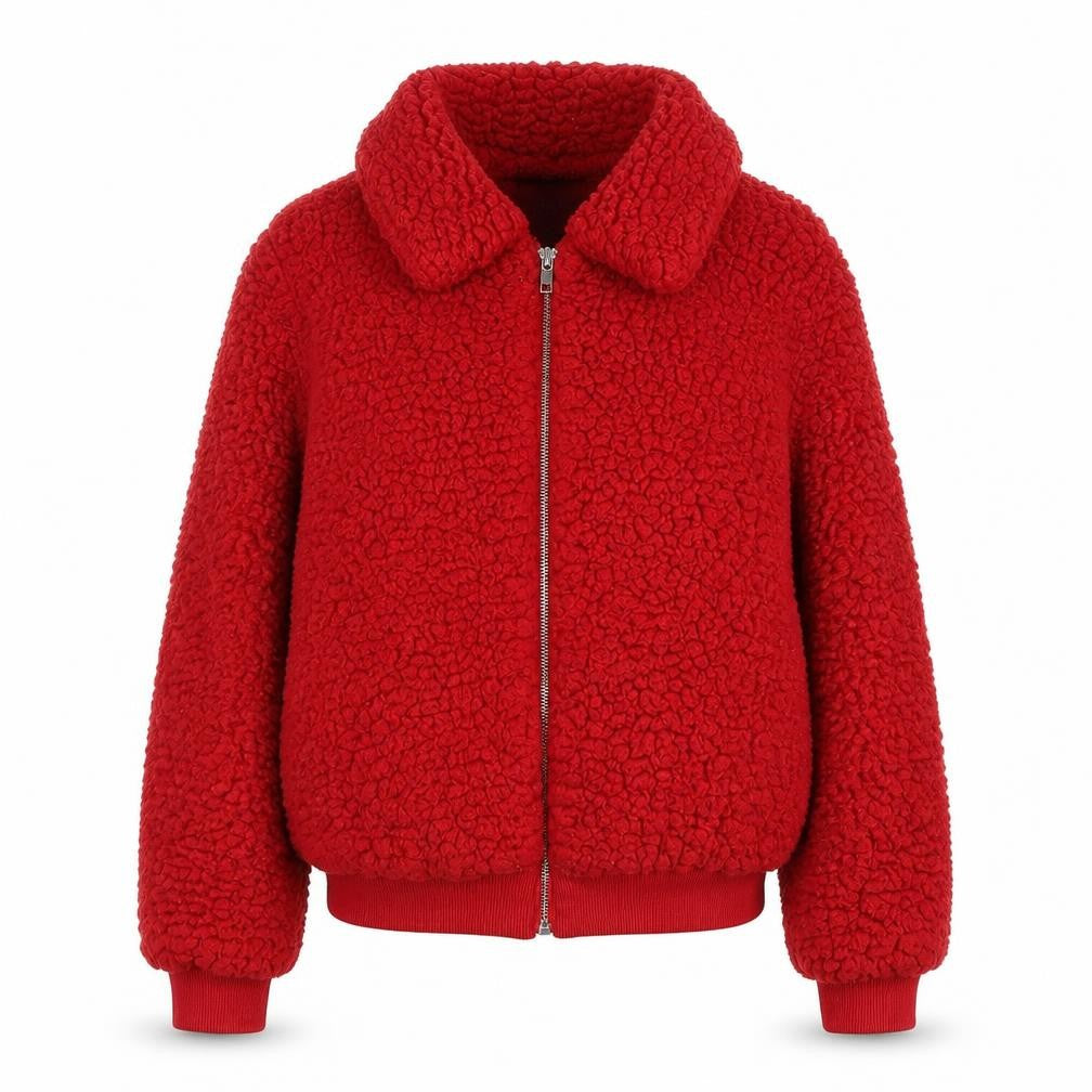 Front view of Parisian Women Red Bomber Jacket, size 10, Fleece Zip-Up