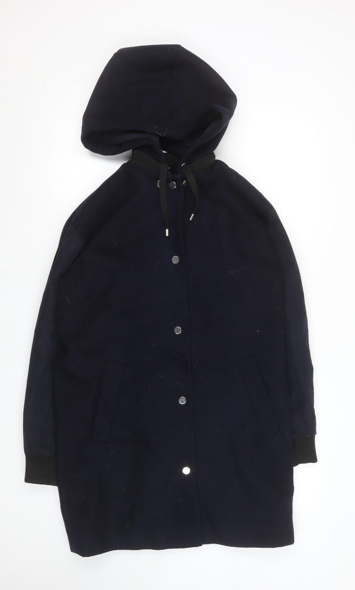Topshop Unisex Navy Blue Hooded Mid-Length Parka Coat Size 34