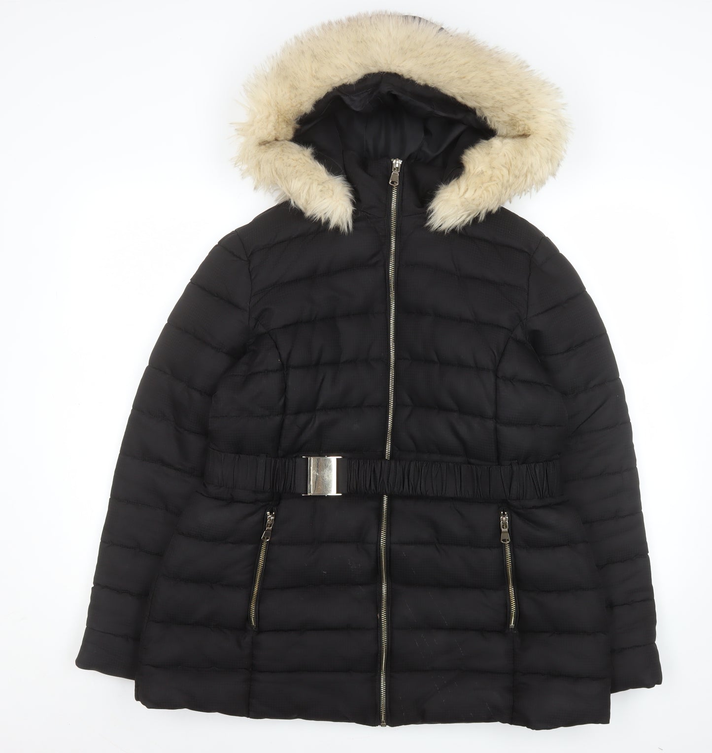 Dorothy Perkins Women Black Faux Fur Hooded Belted Puffer Coat Size 14