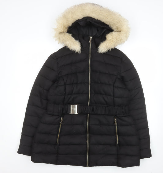 Dorothy Perkins Women Black Faux Fur Hooded Belted Puffer Coat Size 14