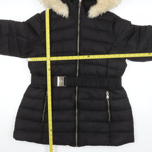 Dorothy Perkins Women Black Faux Fur Hooded Belted Puffer Coat Size 14