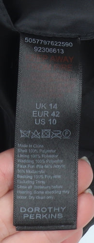 Dorothy Perkins Women Black Faux Fur Hooded Belted Puffer Coat Size 14