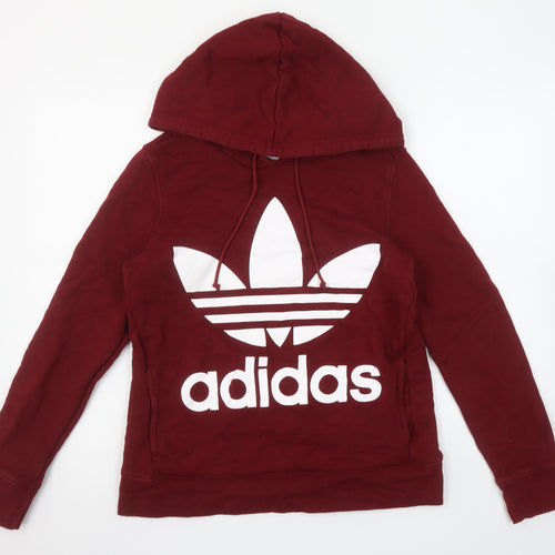 Adidas Women Burgundy Hoodie Size 8 Cotton Pullover Logo Hooded Sweatshirt