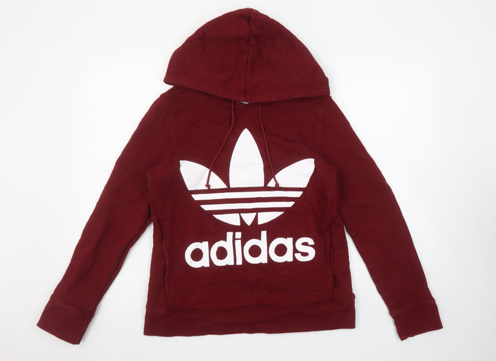 Adidas Women Burgundy Hoodie Size 8 Cotton Pullover Logo Hooded Sweatshirt