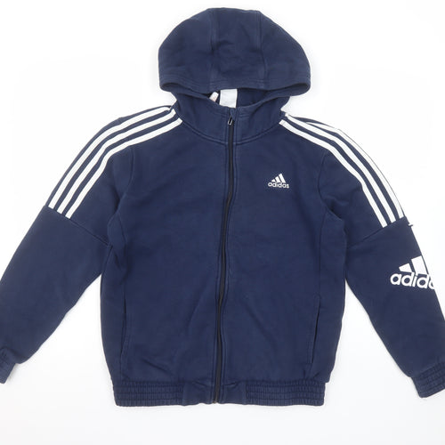 Adidas Boys Navy Full Zip Hoodie 13-14 Years Lined Logo Sportswear