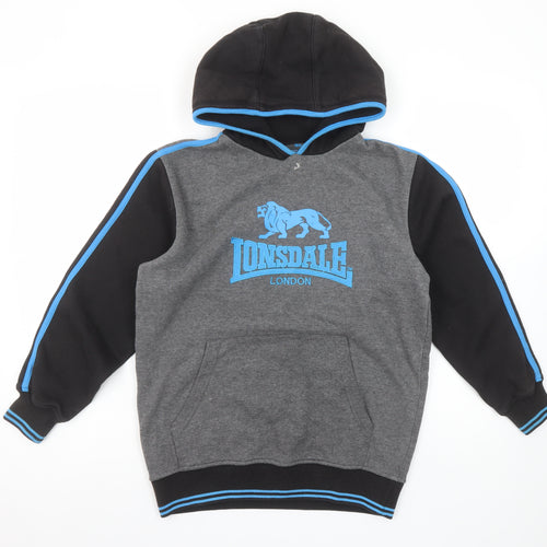 Lonsdale Boys Grey & Black Pullover Hoodie 11-12 Years Logo Print Hooded Sweatshirt
