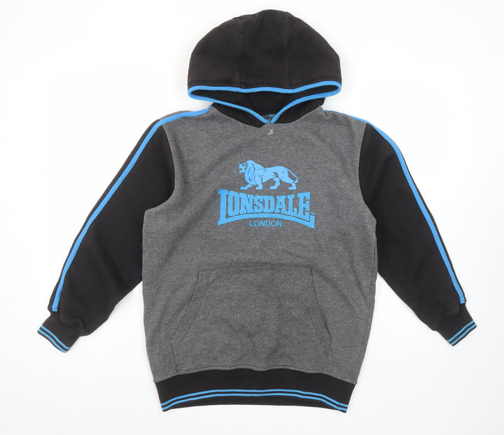 Lonsdale Boys Grey & Black Pullover Hoodie 11-12 Years Logo Print Hooded Sweatshirt