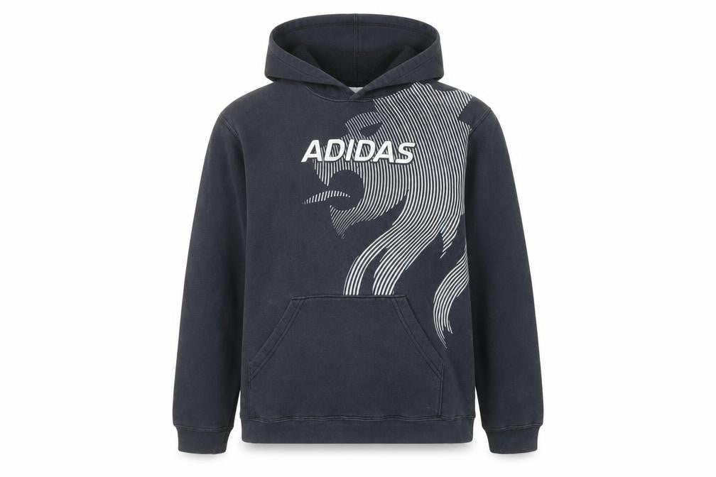 Front view of Adidas boys’ black xl pullover hoodie with graphic print design