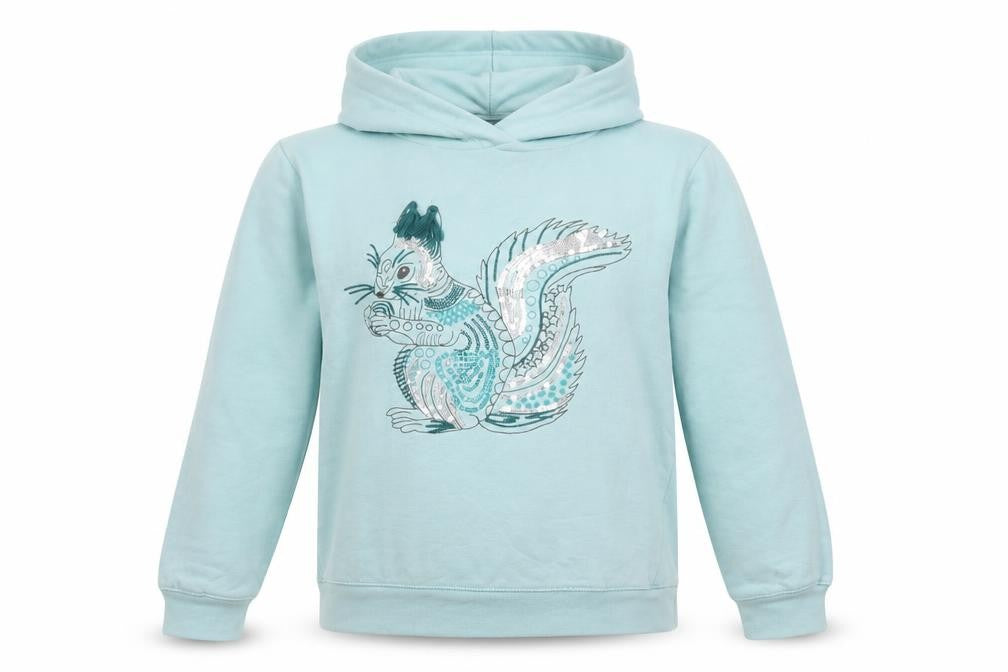 Front view of Yigga girls’ blue sequin squirrel pullover hoodie, size 13-14, years