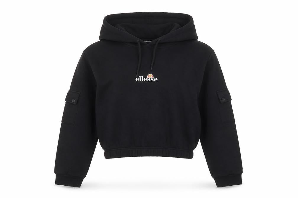 Front view of Ellesse women’s black uk 10 cropped pullover hoodie with pockets