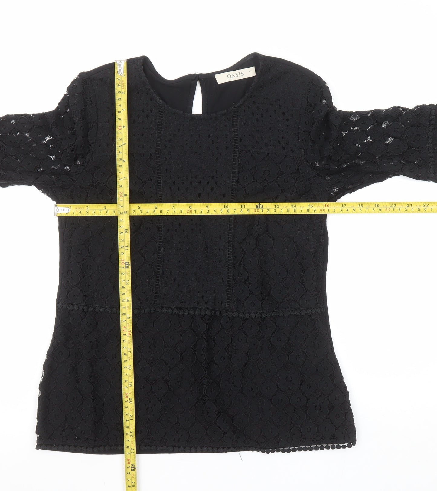 Oasis Womens Black Lace 3/4 Sleeve Tunic Blouse Size S