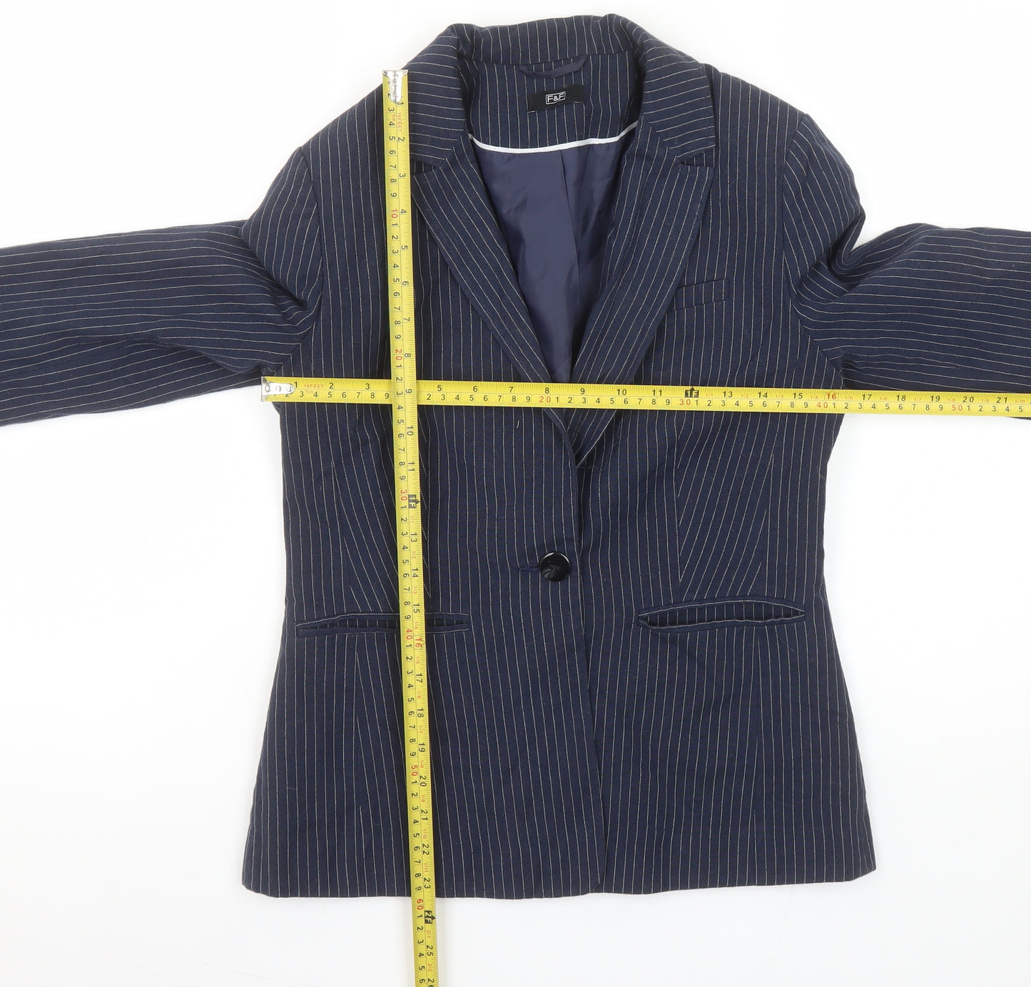 F&F Women’s Navy Pinstripe Single-Breasted Blazer UK 10 Classic Fit