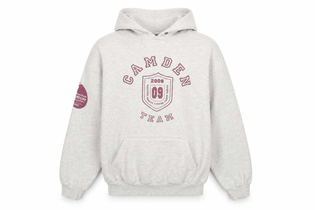 Front view of Fruit of the Loom men’s grey s pullover hoodie camden team graphic