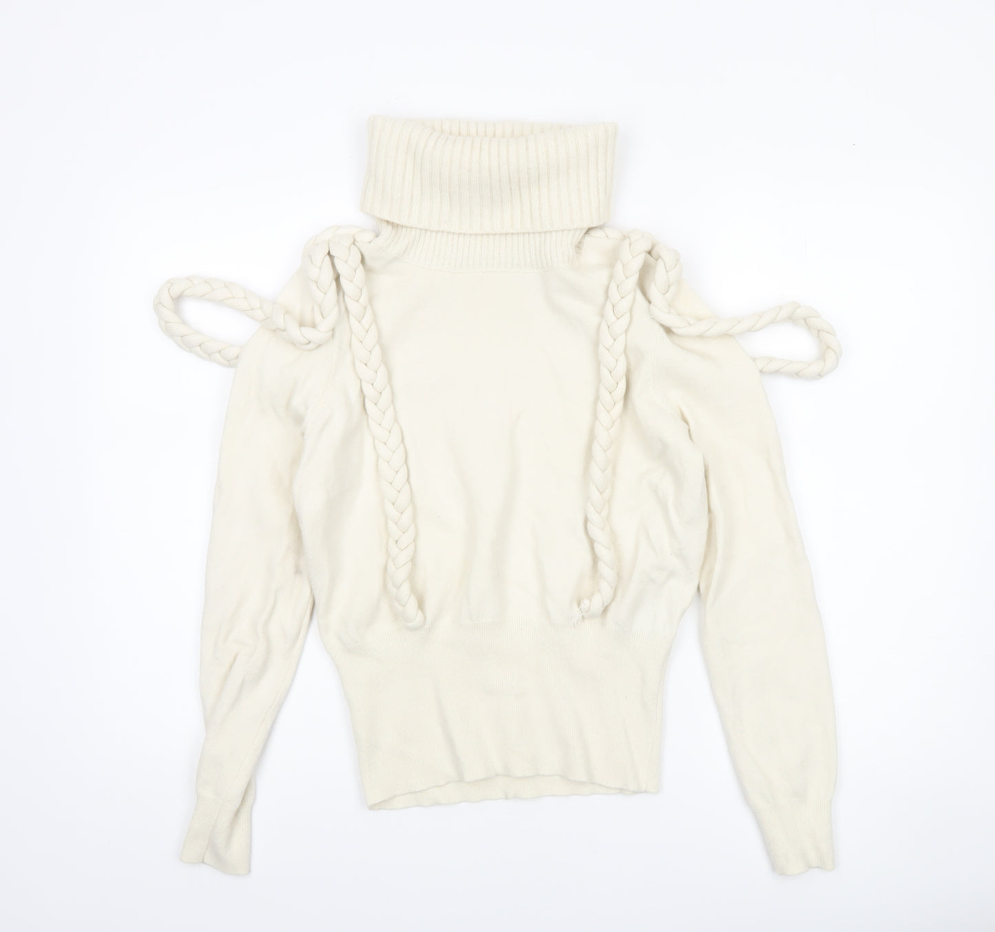 Karen Millen Women’s Ivory Roll Neck Cold Shoulder Jumper Size M