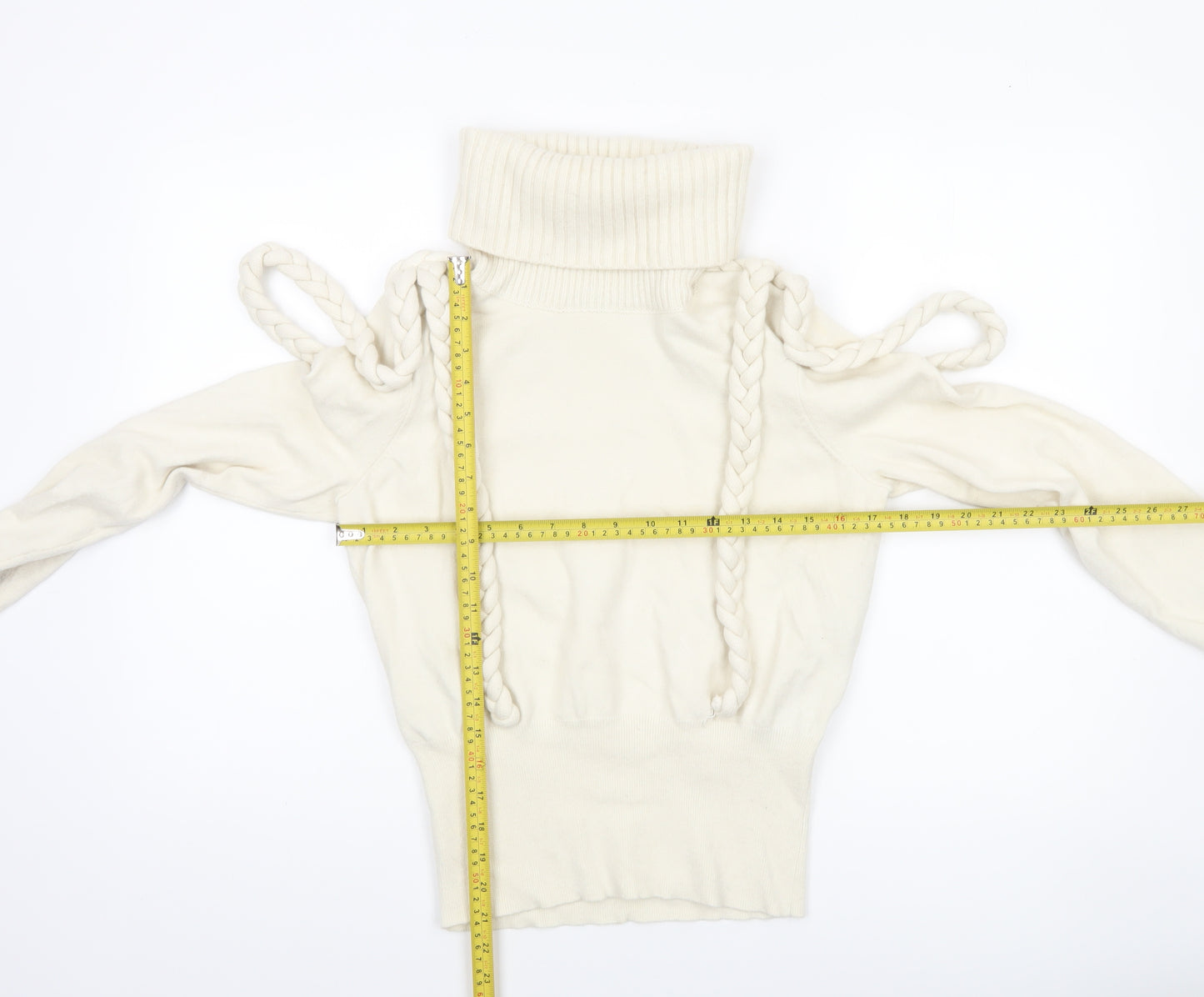 Karen Millen Women’s Ivory Roll Neck Cold Shoulder Jumper Size M