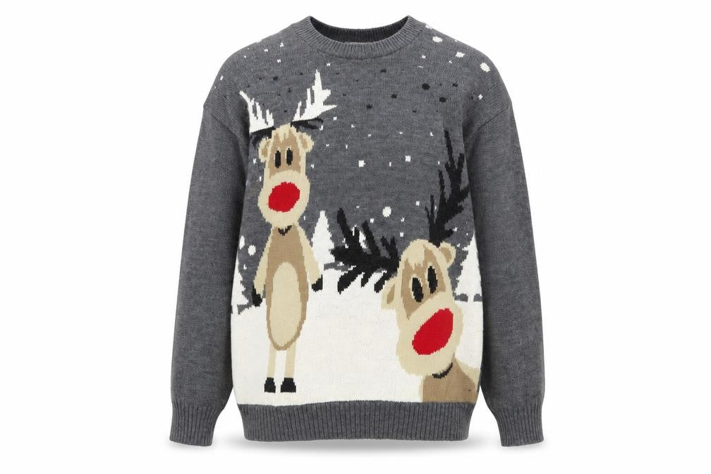 Front view of Whisper Men's Grey Christmas Reindeer Knit jumper, size S