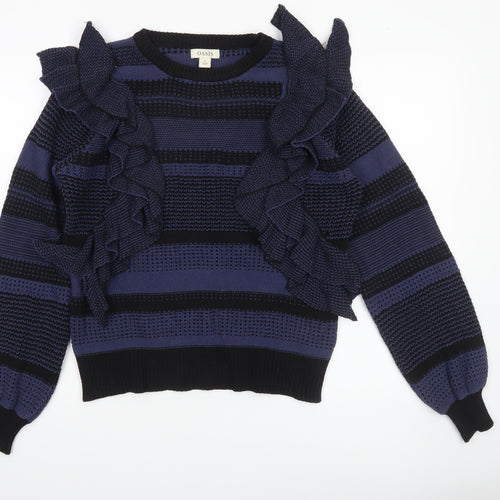 Oasis Women Blue Striped Ruffle Knit Jumper Size M