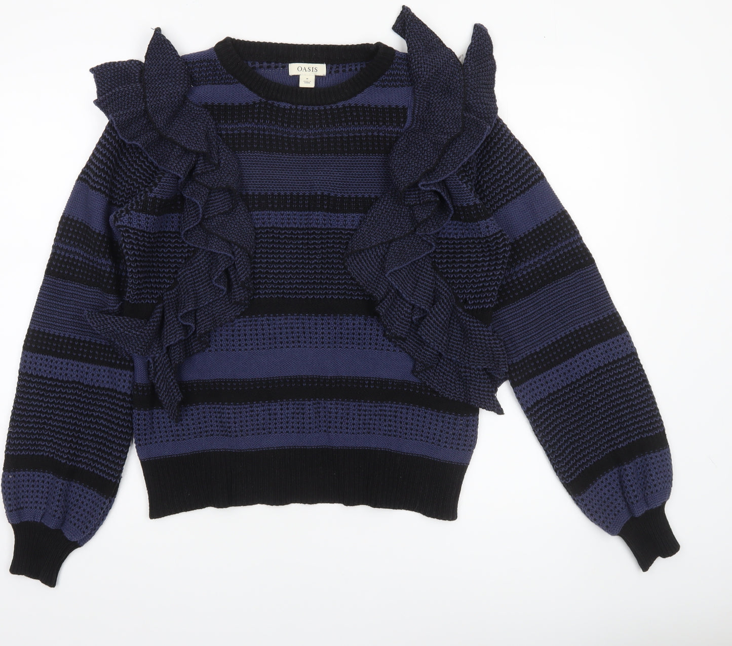 Oasis Women Blue Striped Ruffle Knit Jumper Size M
