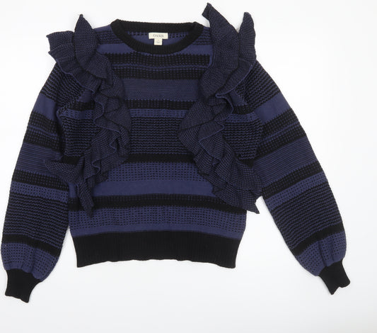 Oasis Women Blue Striped Ruffle Knit Jumper Size M