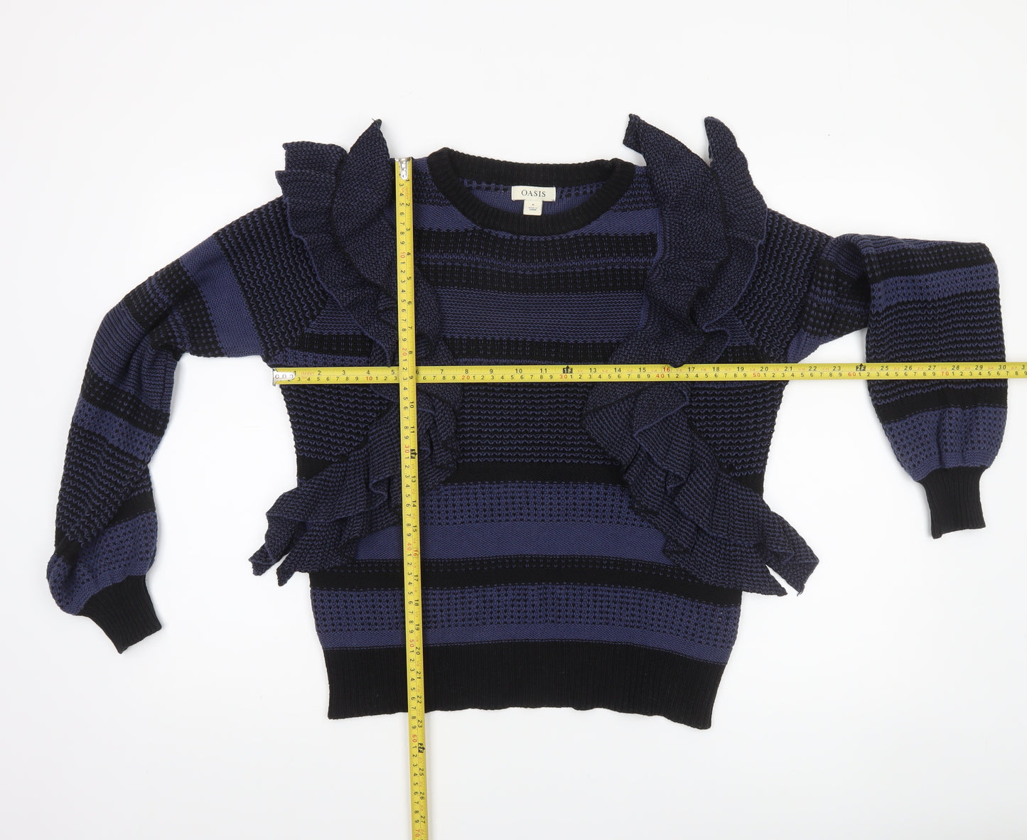 Oasis Women Blue Striped Ruffle Knit Jumper Size M