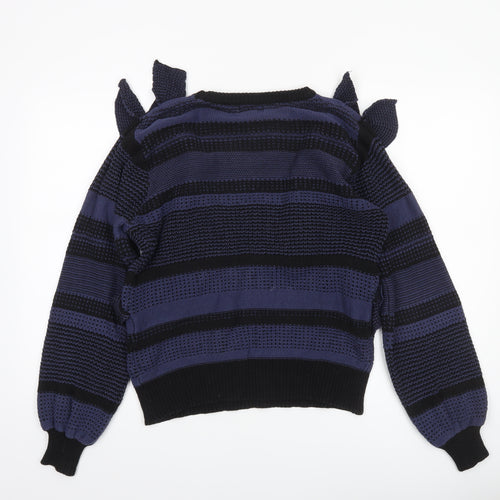 Oasis Women Blue Striped Ruffle Knit Jumper Size M