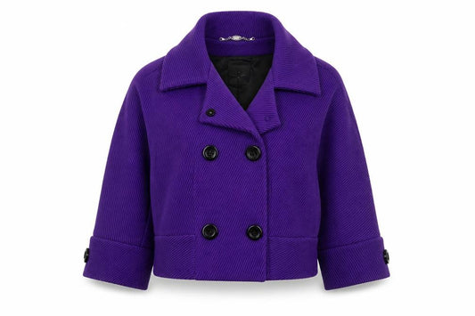 Front view of Roberto Verino Women’s Purple Wool Cropped Pea Coat Jacket, size UK 12
