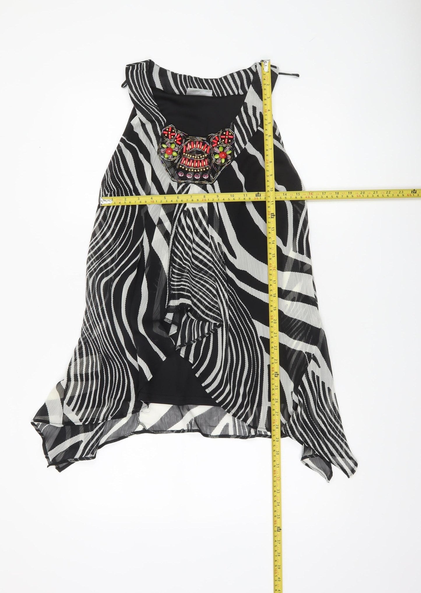 Wallis Womens Black Zebra Beaded Halter Neck Sleeveless Tunic Blouse Size M