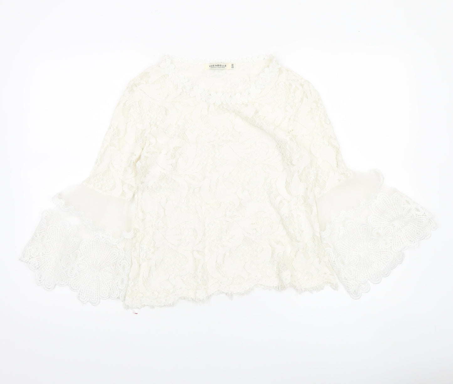 Luzabelle Women Ivory Lace Bell Sleeve Blouse S/M Elegant Tunic Top