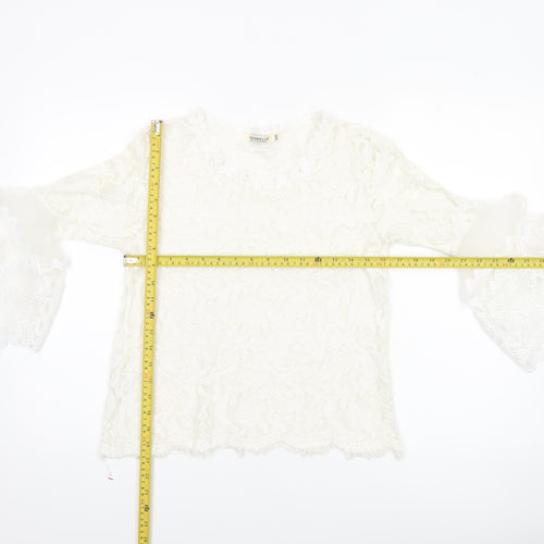 Luzabelle Women Ivory Lace Bell Sleeve Blouse S/M Elegant Tunic Top