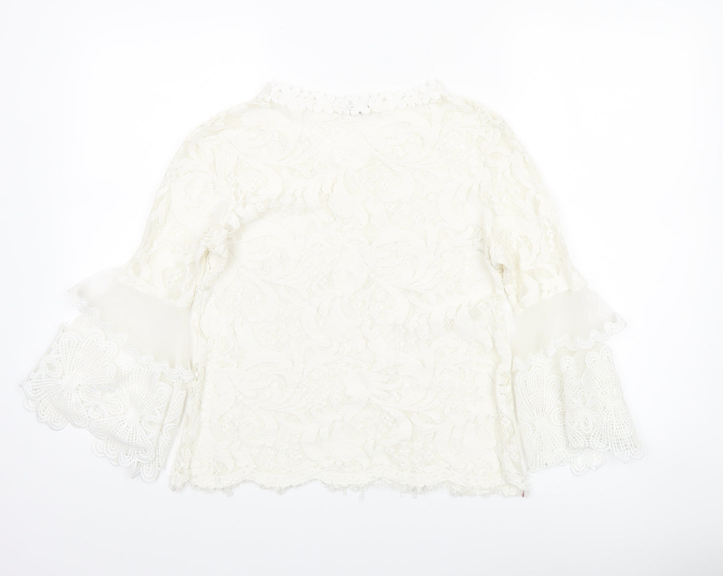 Luzabelle Women Ivory Lace Bell Sleeve Blouse S/M Elegant Tunic Top