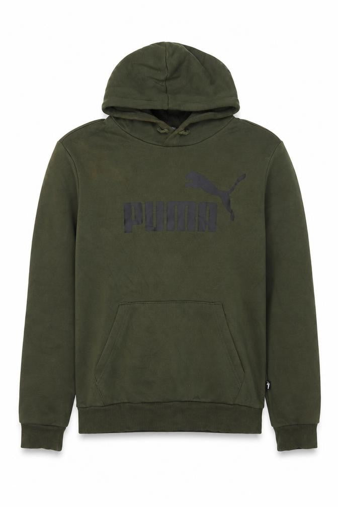 Front view of Puma Men's Green Pullover Hoodie, size S, Logo Fleece Sweatshirt