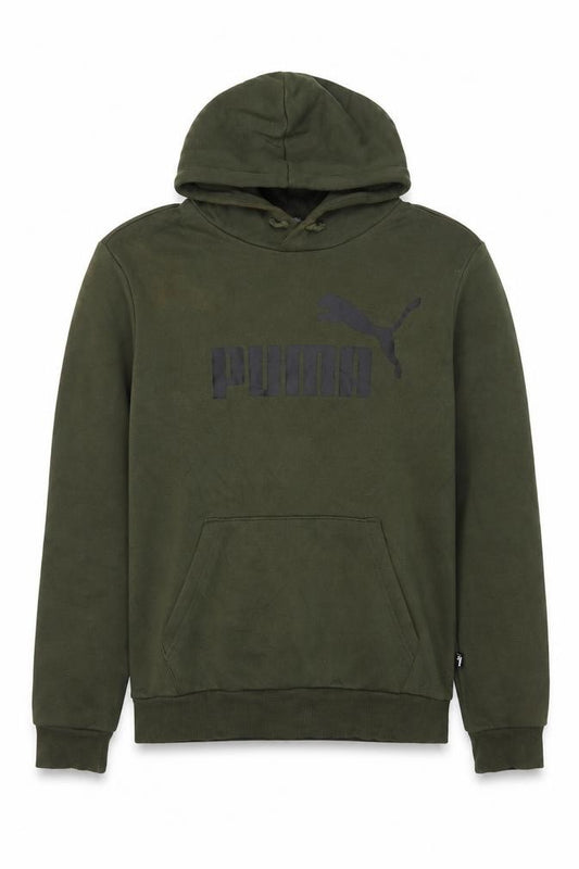 Front view of Puma Men's Green Pullover Hoodie, size S, Logo Fleece Sweatshirt